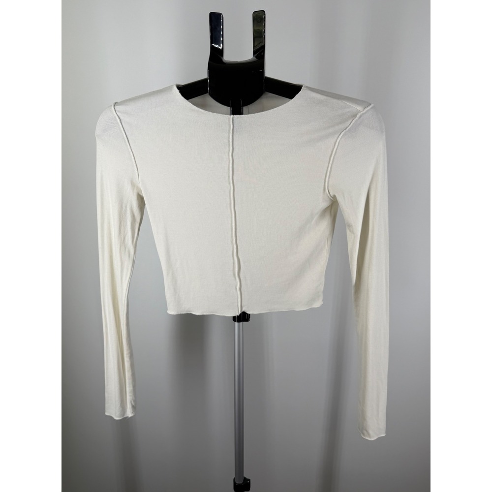 Zara Womens Off White Exposed Seam Long Sleeve Crop Top Size M